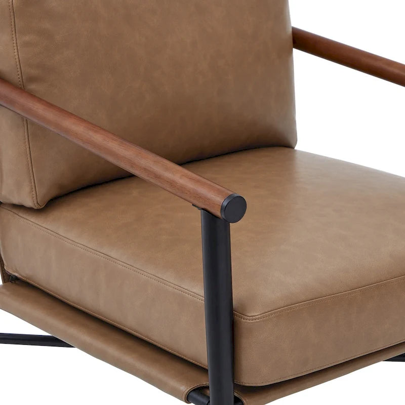 Mid-Century Modern Accent Chair, Matte Black Metal Frame & Wood Armrests, 350 lbs
