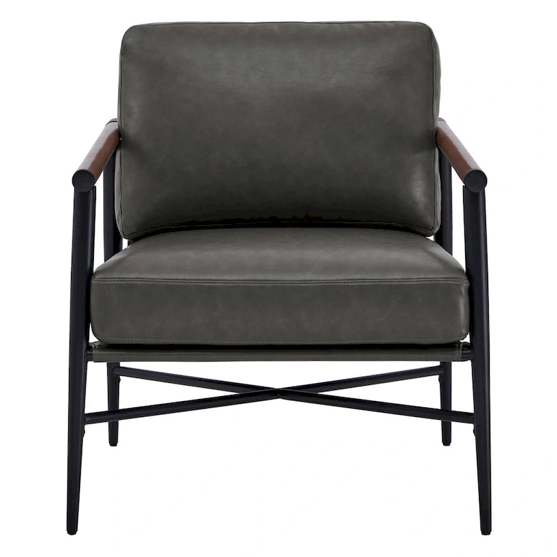 Mid-Century Modern Accent Chair, Matte Black Metal Frame & Wood Armrests, 350 lbs