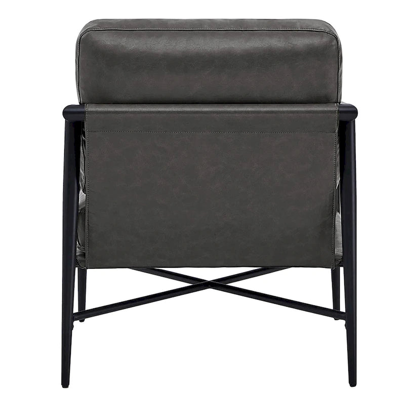 Mid-Century Modern Accent Chair, Matte Black Metal Frame & Wood Armrests, 350 lbs