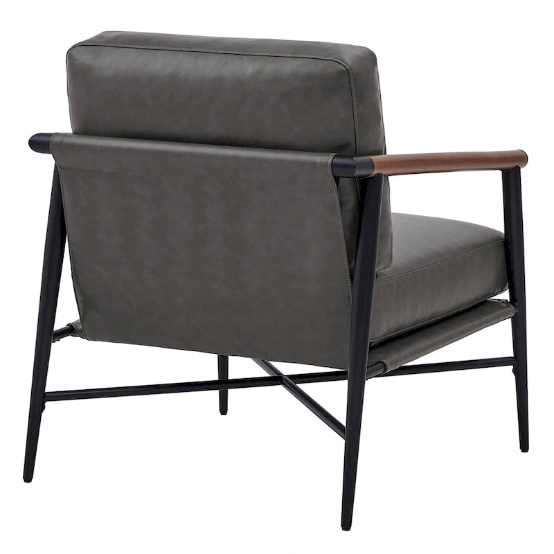 Mid-Century Modern Accent Chair, Matte Black Metal Frame & Wood Armrests, 350 lbs