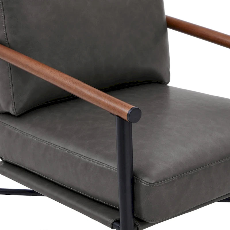 Mid-Century Modern Accent Chair, Matte Black Metal Frame & Wood Armrests, 350 lbs