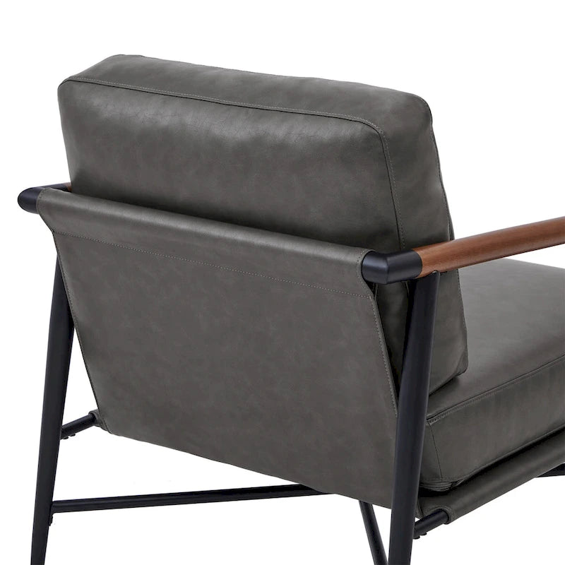 Mid-Century Modern Accent Chair, Matte Black Metal Frame & Wood Armrests, 350 lbs