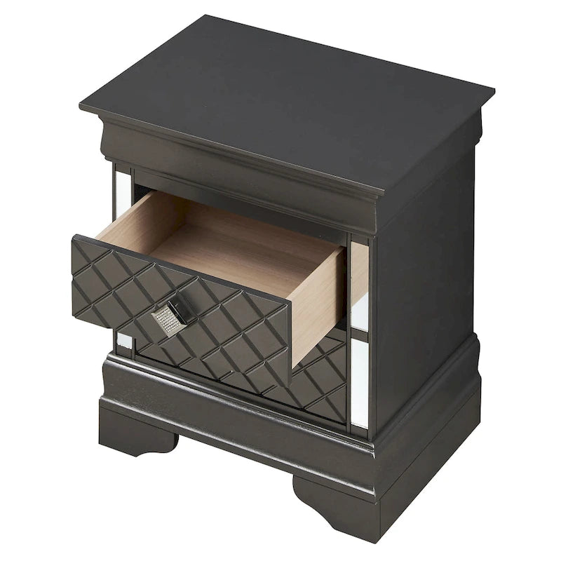 Mirrored Wood 2-Drawer Nightstand – Glamorous Bedroom Side Table
