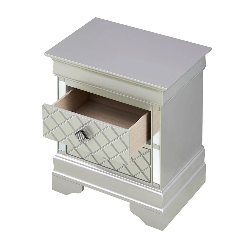 Mirrored Wood 2-Drawer Nightstand – Glamorous Bedroom Side Table
