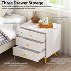 White 3-Drawer Nightstand with Metal Legs, MDF Wood, Water & Scratch Resistant, Bedside End Table