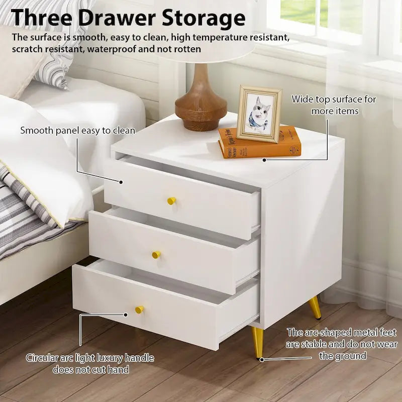 White 3-Drawer Nightstand with Metal Legs, MDF Wood, Water & Scratch Resistant, Bedside End Table