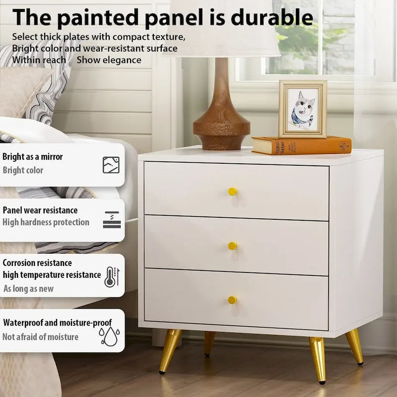 White 3-Drawer Nightstand with Metal Legs, MDF Wood, Water & Scratch Resistant, Bedside End Table