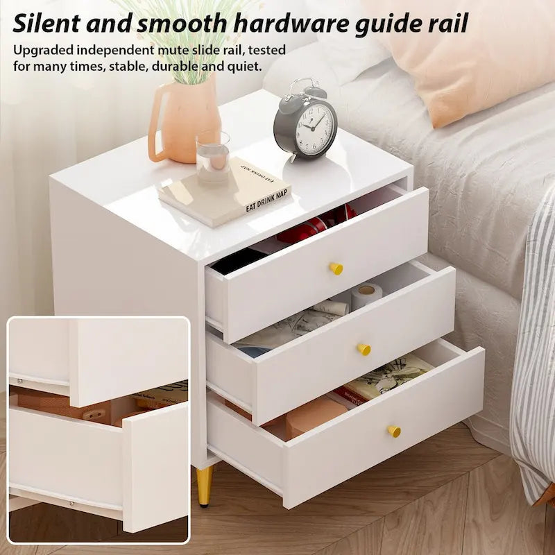 White 3-Drawer Nightstand with Metal Legs, MDF Wood, Water & Scratch Resistant, Bedside End Table
