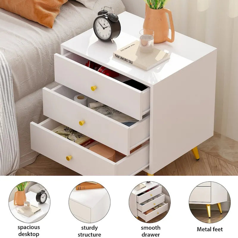 White 3-Drawer Nightstand with Metal Legs, MDF Wood, Water & Scratch Resistant, Bedside End Table