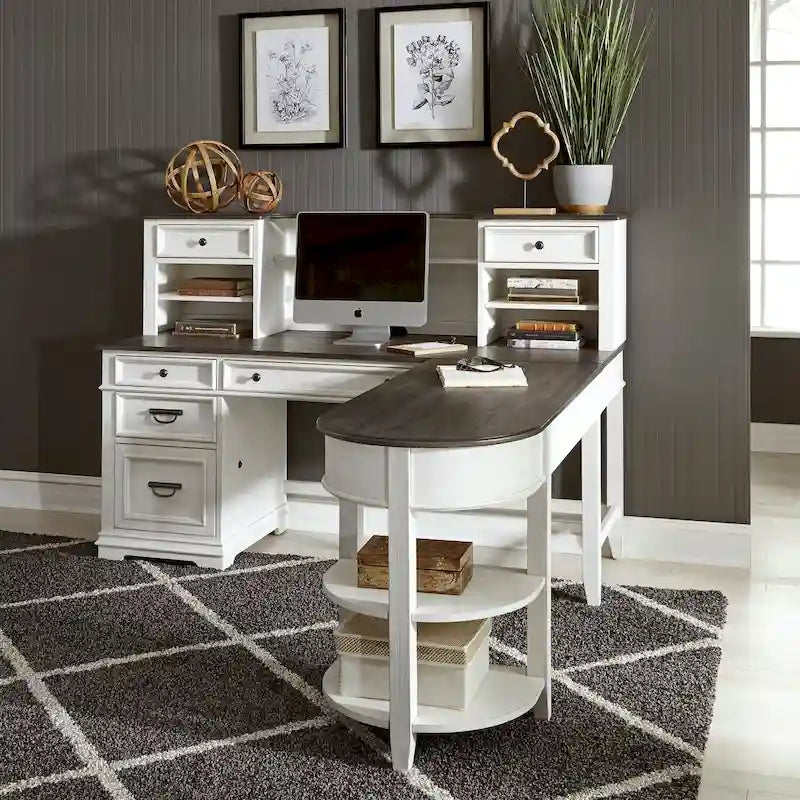 L-Shaped Desk Set with Hutch, Pine Wood, Built-in Power Outlets & USB Ports