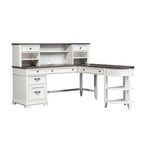 Ensemble de bureau en L avec huche, bois de pin, prises de courant et ports USB intégrés