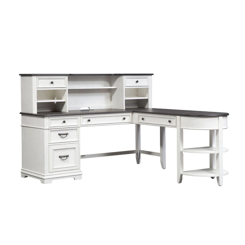 L-Shaped Desk Set with Hutch, Pine Wood, Built-in Power Outlets & USB Ports