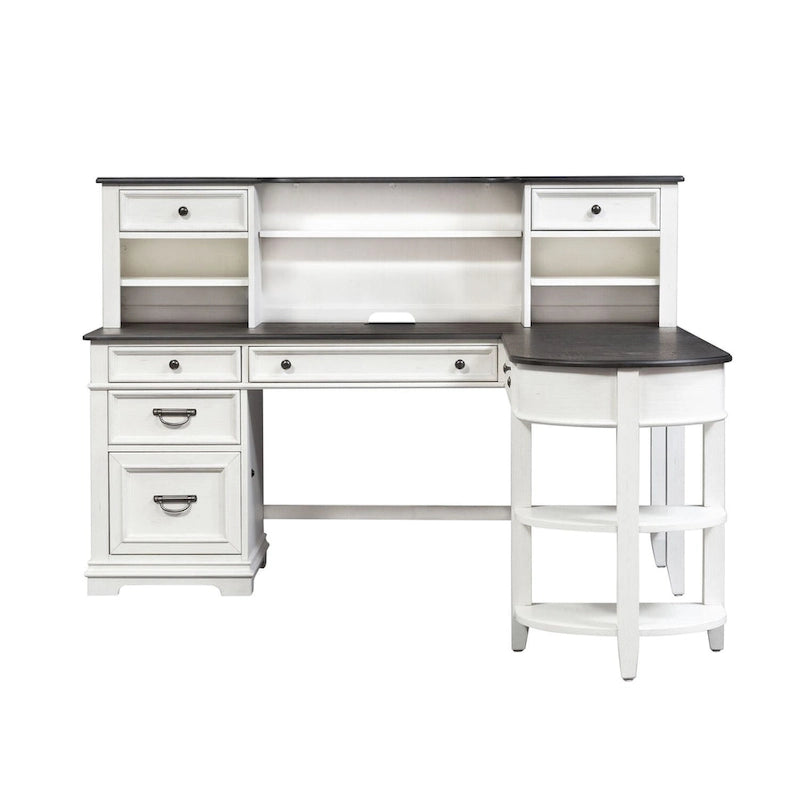 L-Shaped Desk Set with Hutch, Pine Wood, Built-in Power Outlets & USB Ports