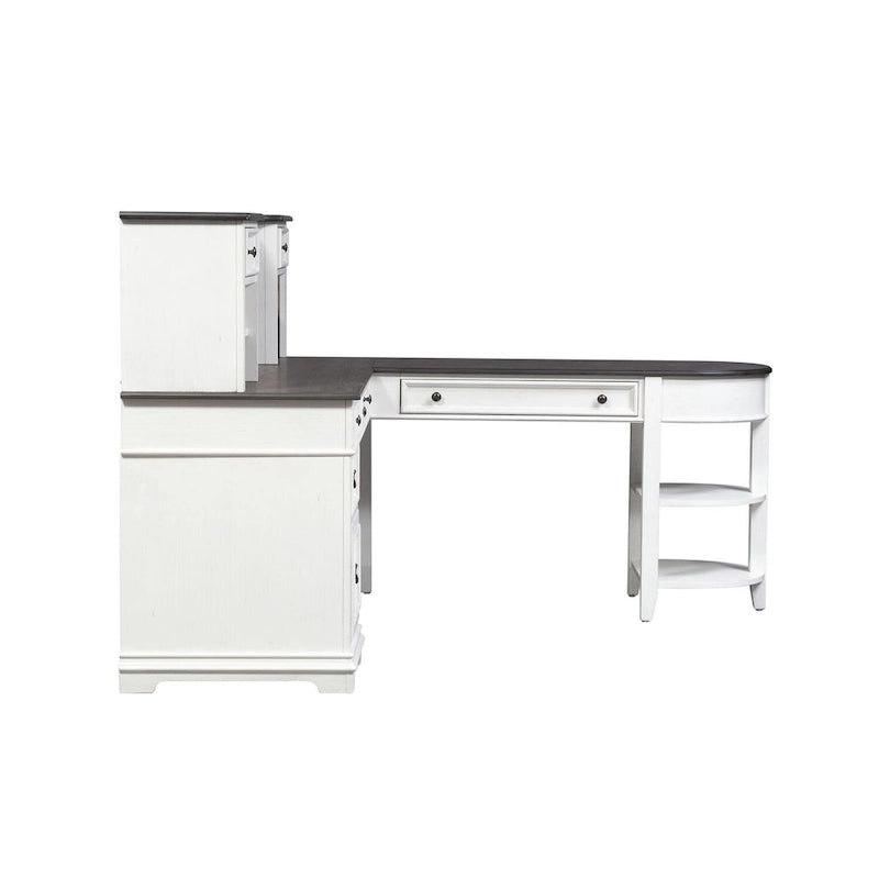 Ensemble de bureau en L avec huche, bois de pin, prises de courant et ports USB intégrés