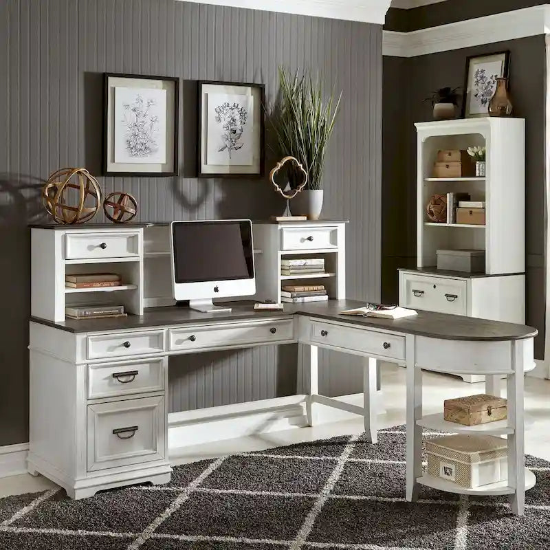 Ensemble de bureau en L avec huche, bois de pin, prises de courant et ports USB intégrés