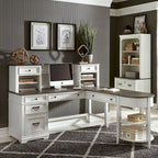 Ensemble de bureau en L avec huche, bois de pin, prises de courant et ports USB intégrés