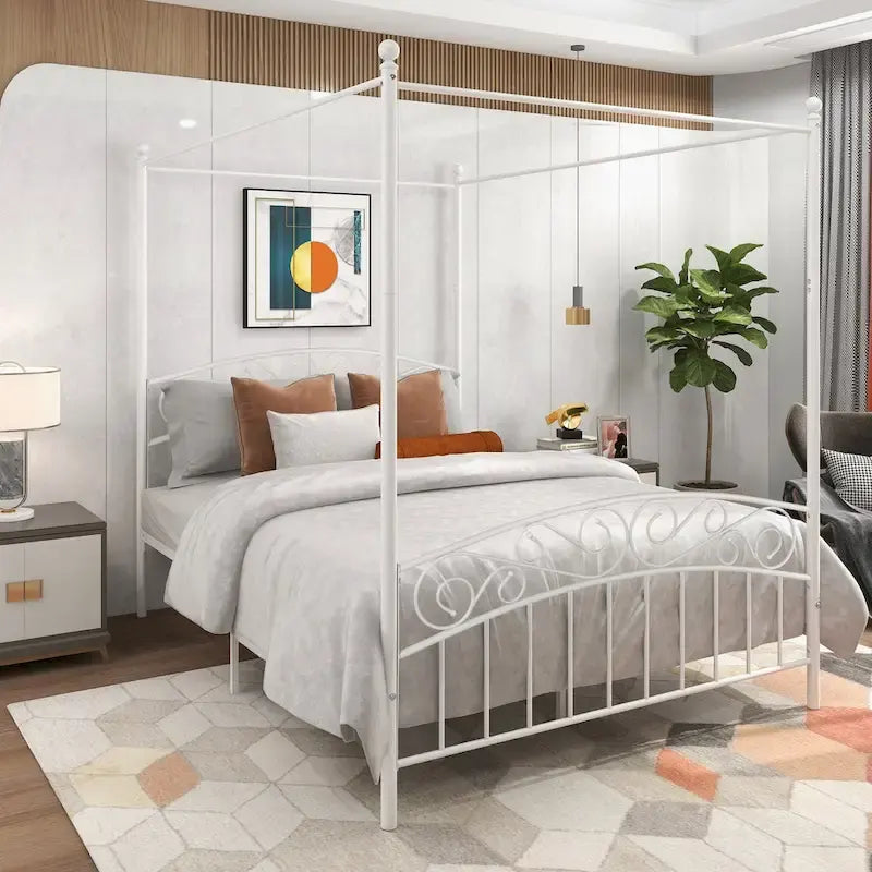 Metal Canopy Bed Frame with Ornate European Style Headboard & Footboard Sturdy Steel Fits Your Mattress Easy DIY