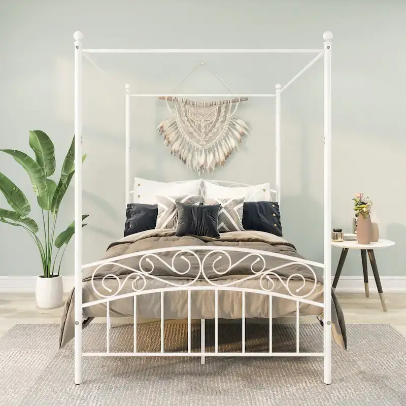 Metal Canopy Bed Frame with Ornate European Style Headboard & Footboard Sturdy Steel Fits Your Mattress Easy DIY