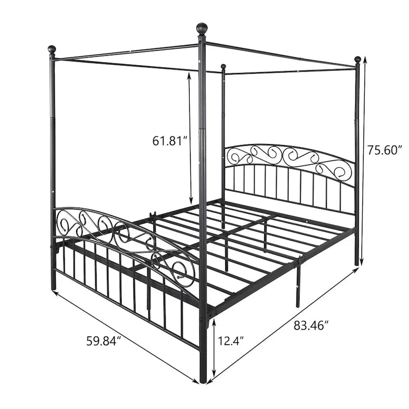 Metal Canopy Bed Frame with Ornate European Style Headboard & Footboard Sturdy Steel Fits Your Mattress Easy DIY