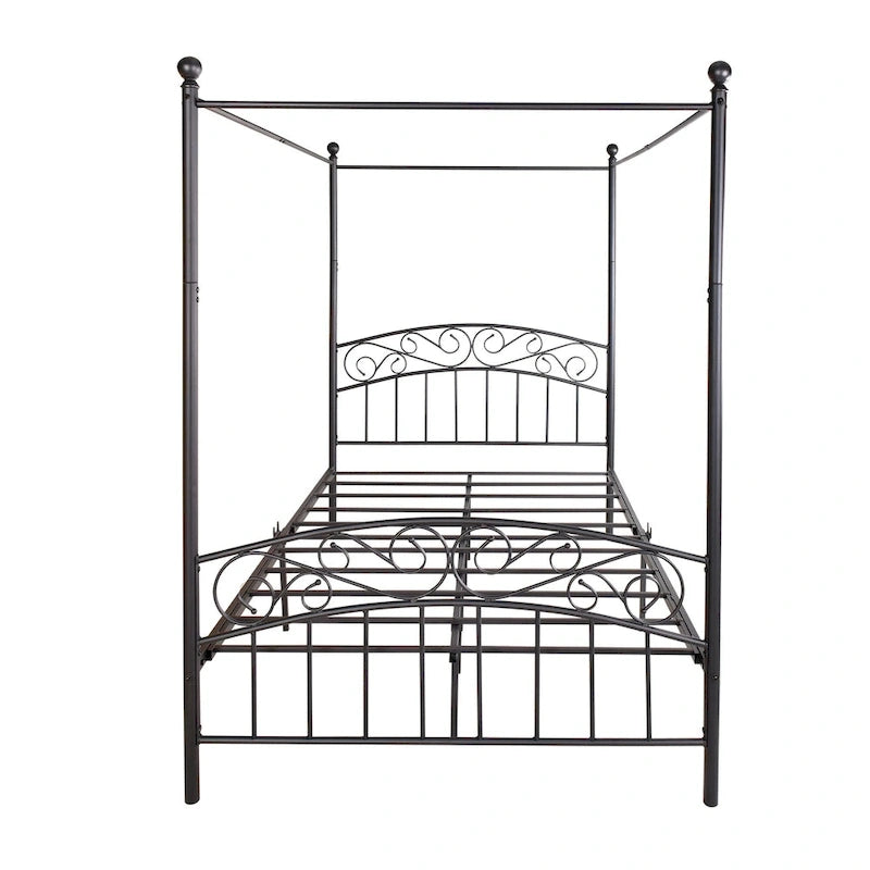 Metal Canopy Bed Frame with Ornate European Style Headboard & Footboard Sturdy Steel Fits Your Mattress Easy DIY