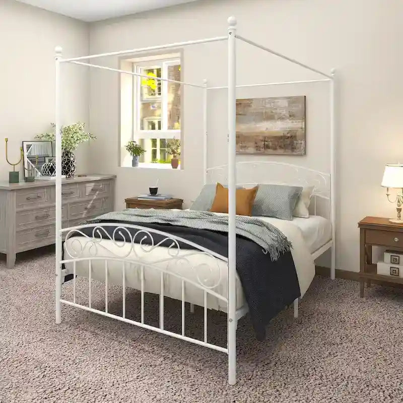 Metal Canopy Bed Frame with Ornate European Style Headboard & Footboard Sturdy Steel Fits Your Mattress Easy DIY