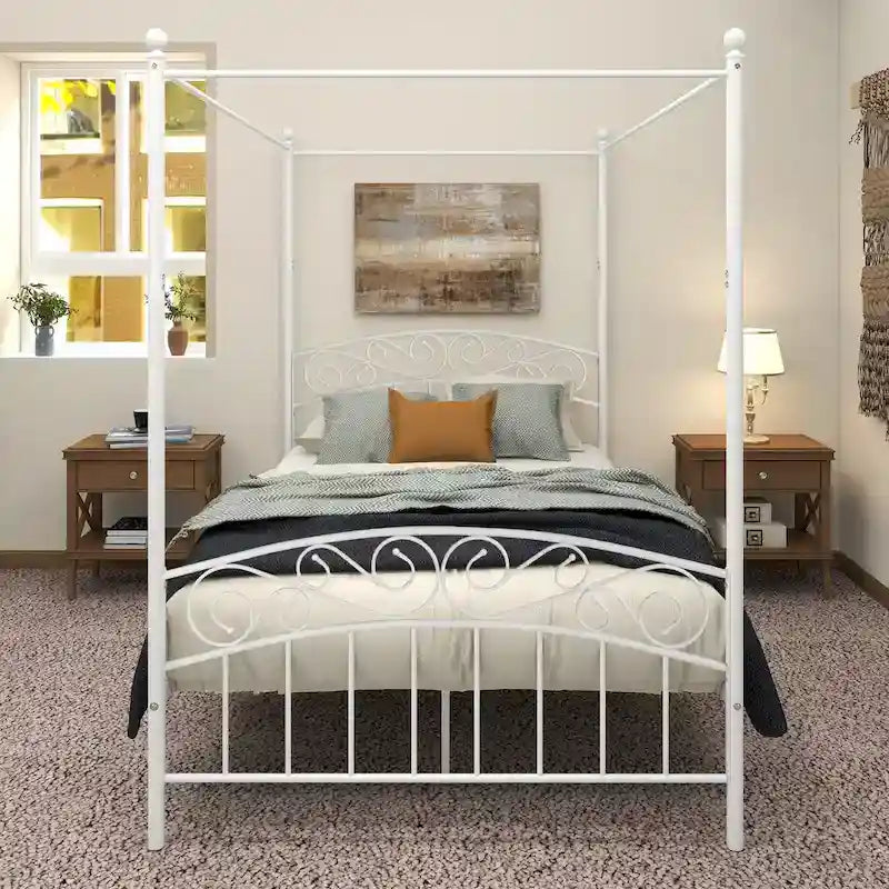Metal Canopy Bed Frame with Ornate European Style Headboard & Footboard Sturdy Steel Fits Your Mattress Easy DIY