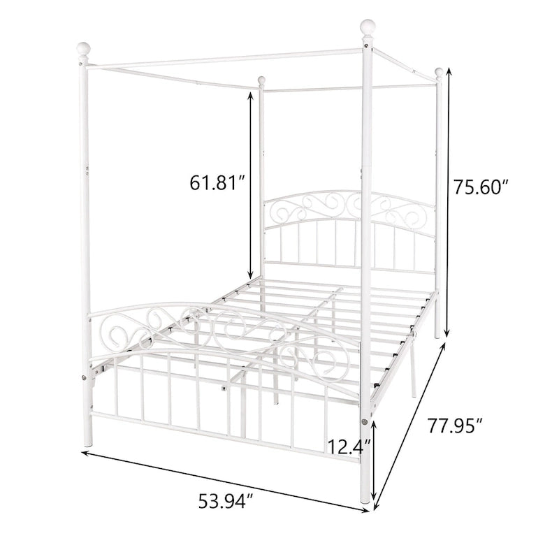 Metal Canopy Bed Frame with Ornate European Style Headboard & Footboard Sturdy Steel Fits Your Mattress Easy DIY