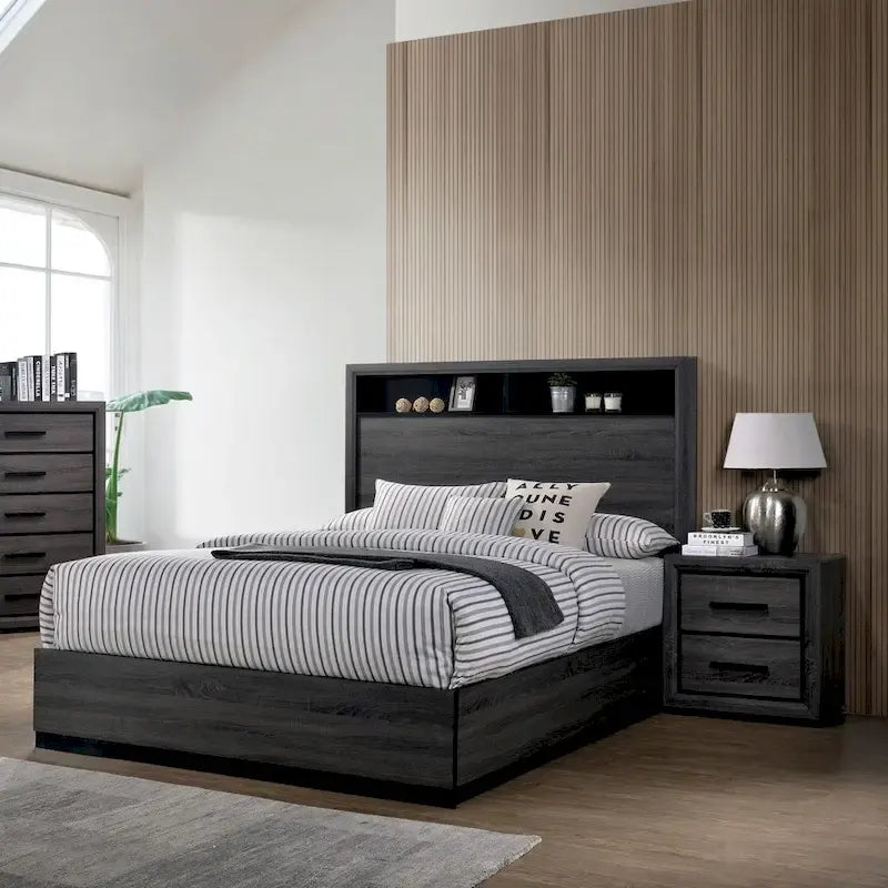 Contemporary Grey Wood 2-Piece Panel Bedroom Set with Shelves
