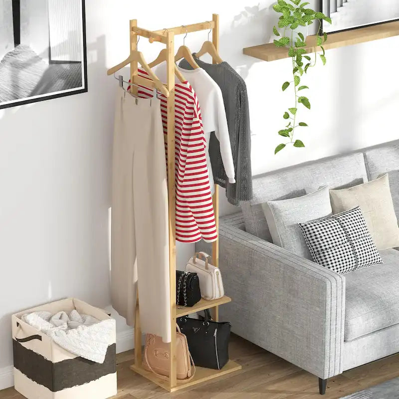 15 Wide Solid Wood Freestanding Coat Rack with Storage - Bamboo Color
