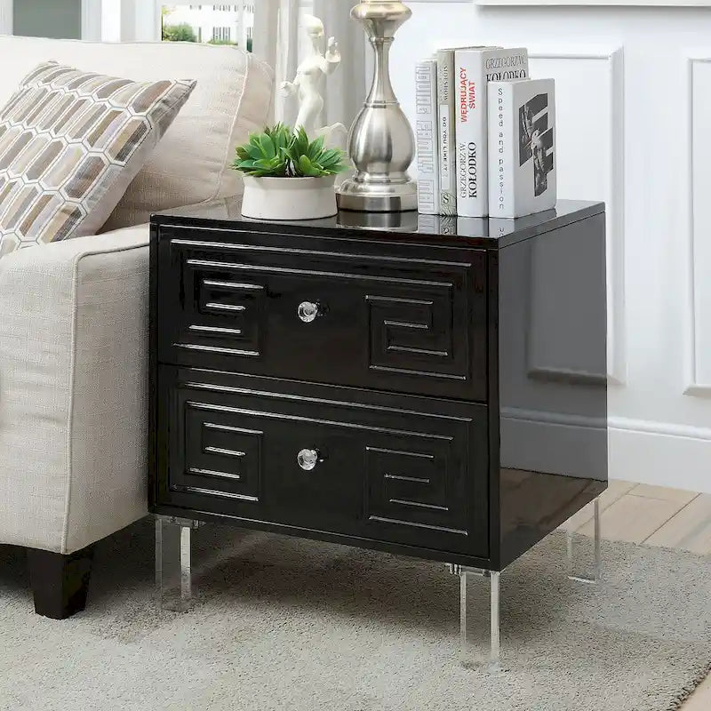 Contemporary 24-Inch 2-Drawer Side Table with Acrylic Legs and Crystal Knobs