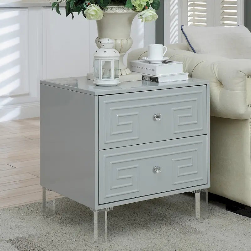 Contemporary 24-Inch 2-Drawer Side Table with Acrylic Legs and Crystal Knobs