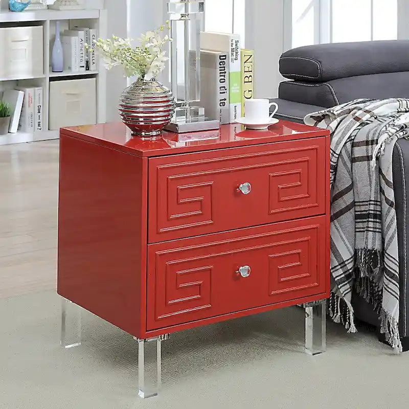 Contemporary 24-Inch 2-Drawer Side Table with Acrylic Legs and Crystal Knobs