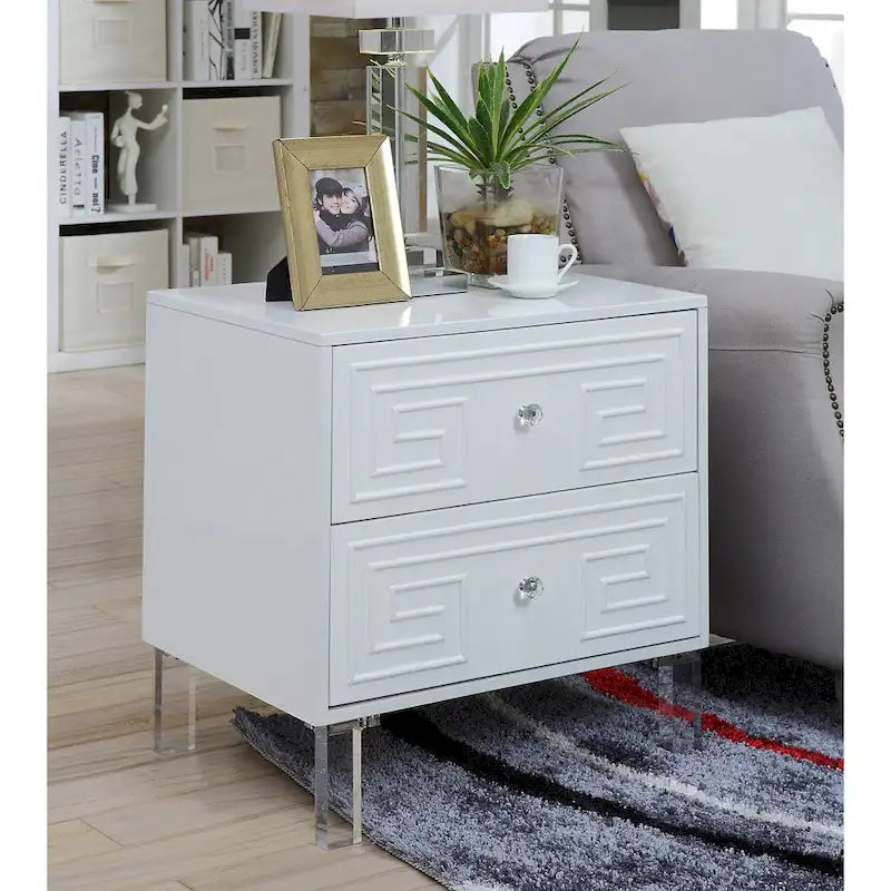 Contemporary 24-Inch 2-Drawer Side Table with Acrylic Legs and Crystal Knobs