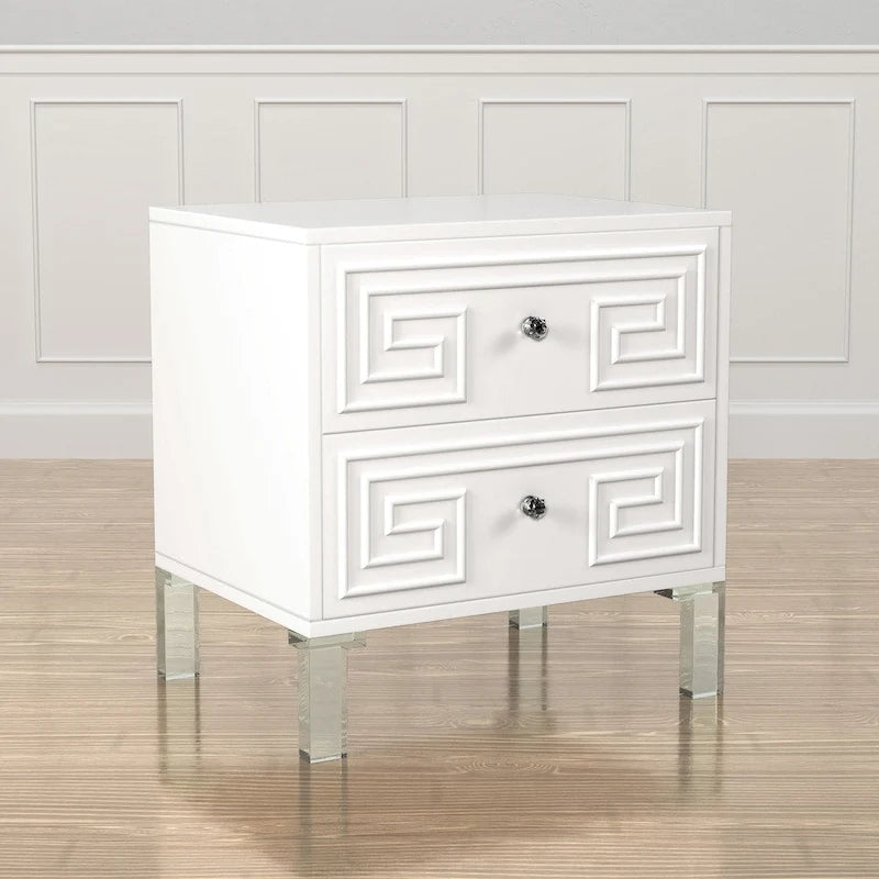 Contemporary 24-Inch 2-Drawer Side Table with Acrylic Legs and Crystal Knobs