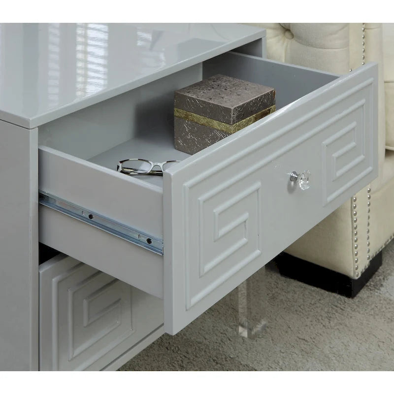 Contemporary 24-Inch 2-Drawer Side Table with Acrylic Legs and Crystal Knobs