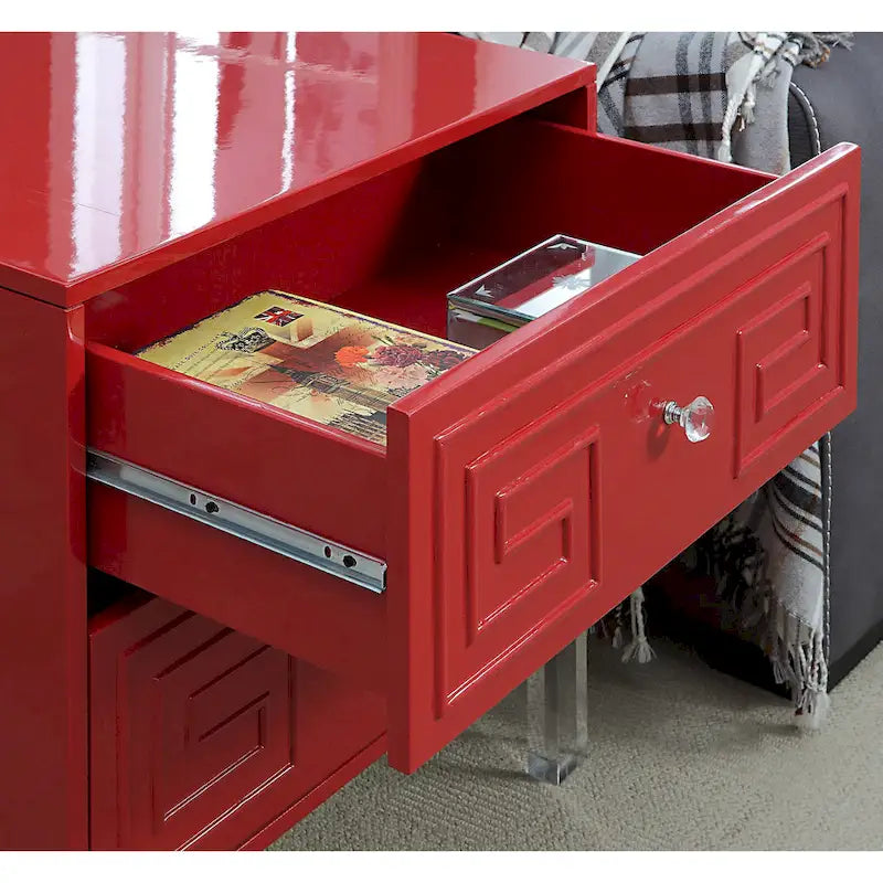 Contemporary 24-Inch 2-Drawer Side Table with Acrylic Legs and Crystal Knobs