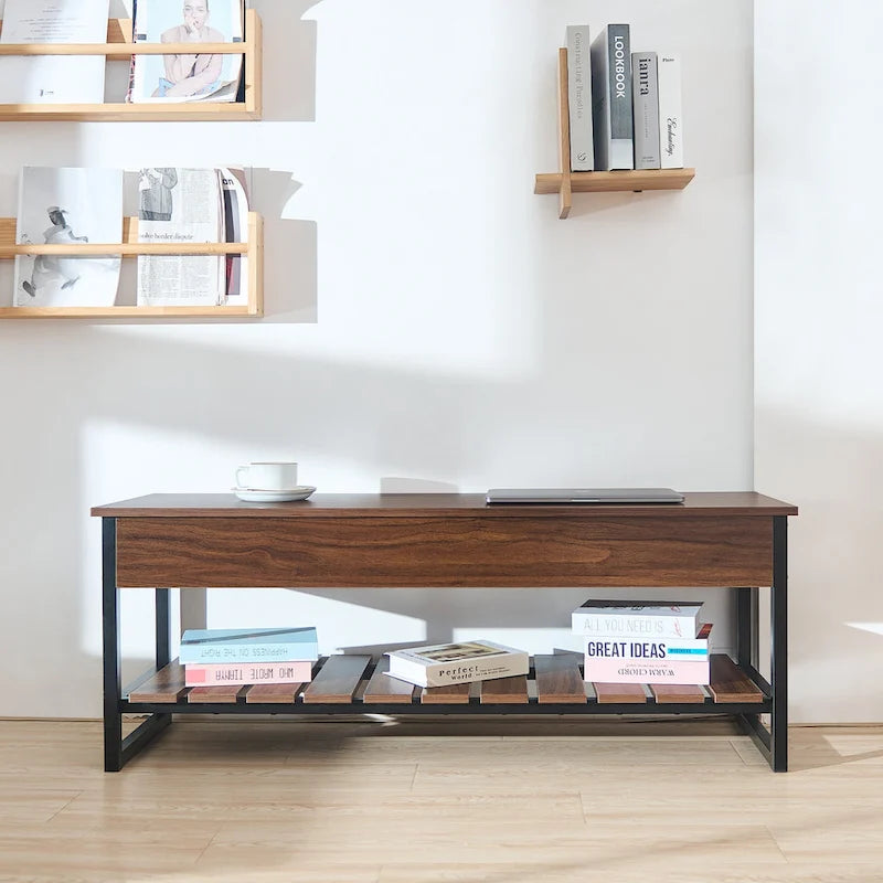 Lift-Top Shoe Storage Bench with Shelf, Walnut/Gray Finish, 47.2"W