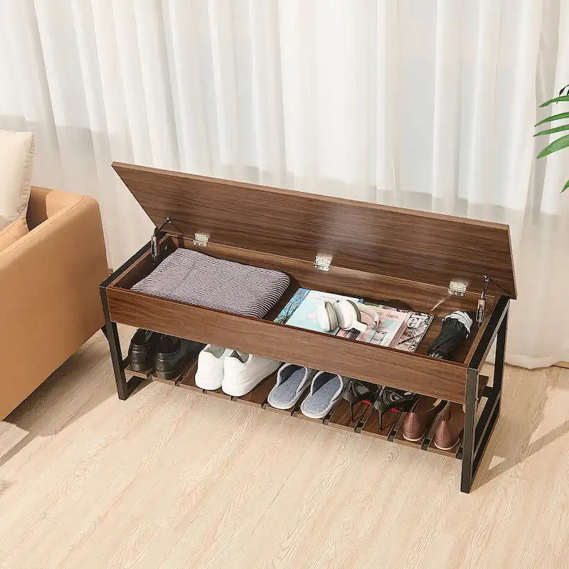 Lift-Top Shoe Storage Bench with Shelf, Walnut/Gray Finish, 47.2"W