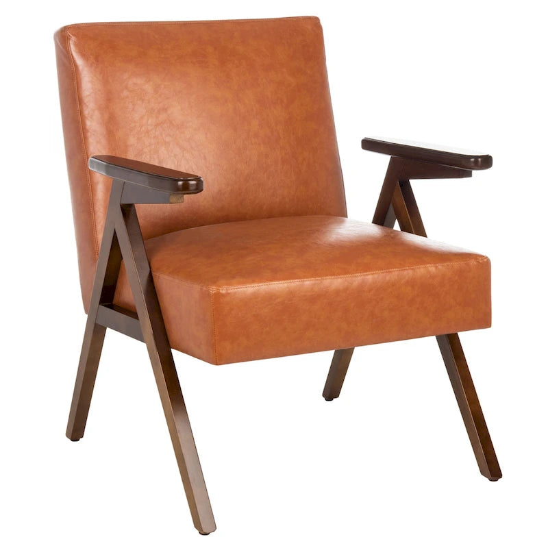 Mid-Century Modern Armchair, Vegan Leather Cushion & Walnut A-Frame Base, 28"W