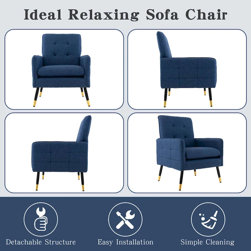 Modern Linen Fabric Accent Chair with Button Tufting and Metal Legs - 350 lb Capacity