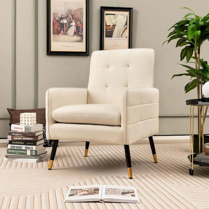 Modern Linen Fabric Accent Chair with Button Tufting and Metal Legs - 350 lb Capacity