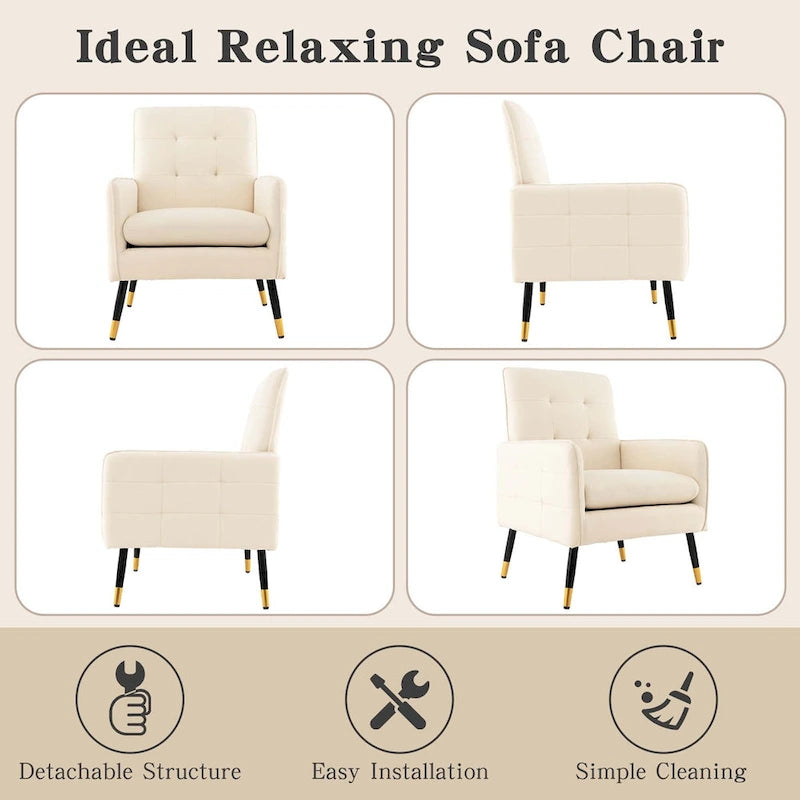 Modern Linen Fabric Accent Chair with Button Tufting and Metal Legs - 350 lb Capacity
