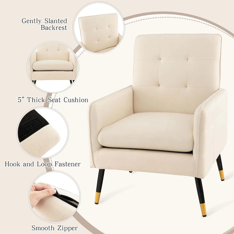 Modern Linen Fabric Accent Chair with Button Tufting and Metal Legs - 350 lb Capacity