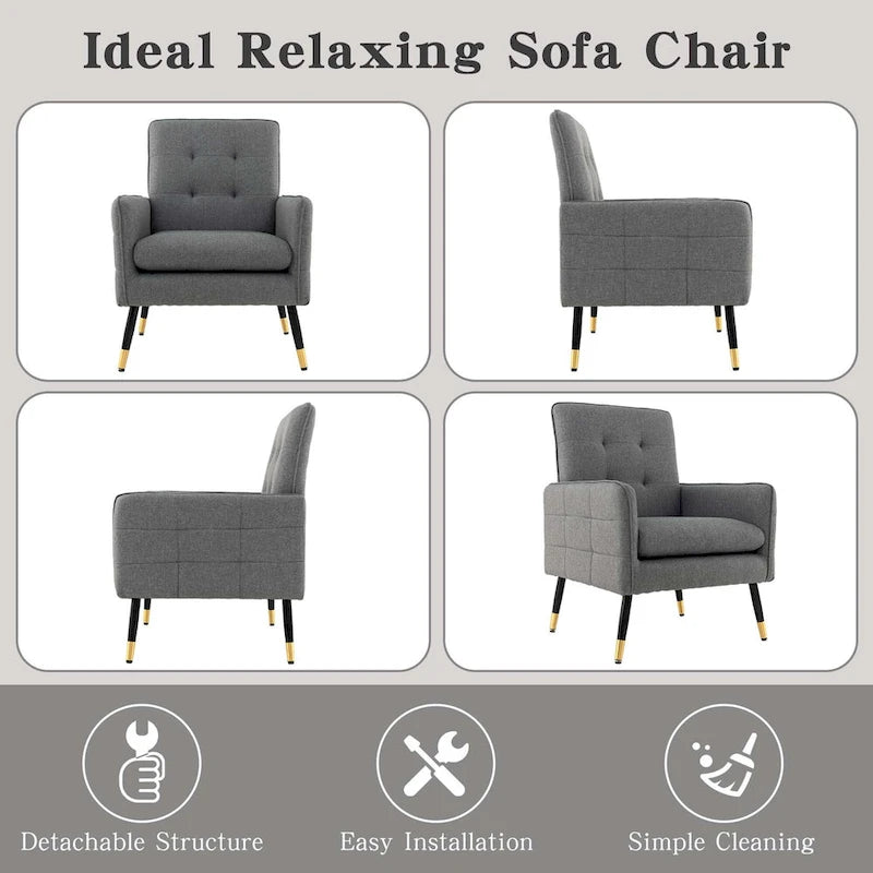 Modern Linen Fabric Accent Chair with Button Tufting and Metal Legs - 350 lb Capacity