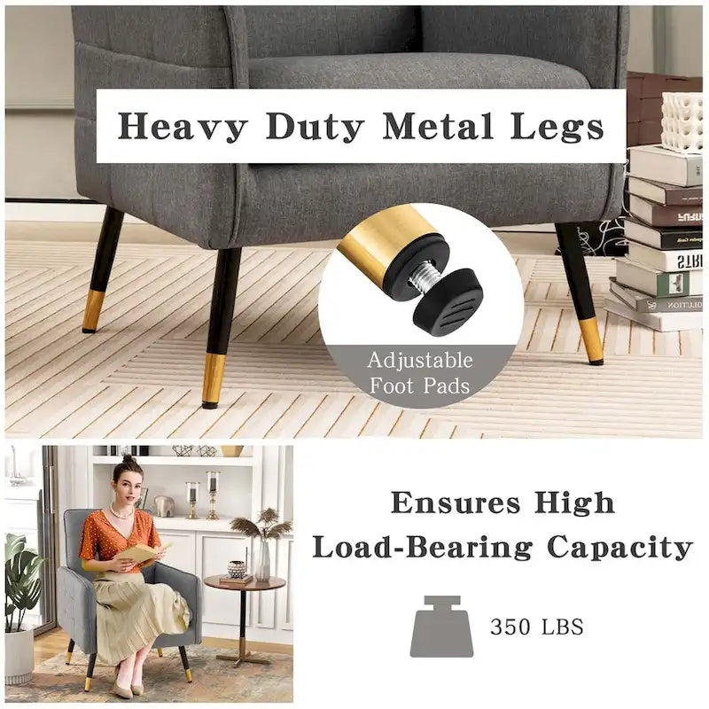 Modern Linen Fabric Accent Chair with Button Tufting and Metal Legs - 350 lb Capacity
