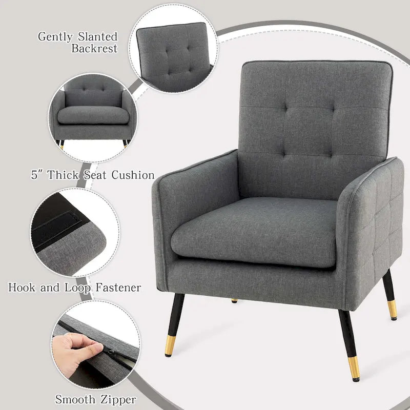 Modern Linen Fabric Accent Chair with Button Tufting and Metal Legs - 350 lb Capacity