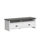 Modern 50" TV Stand, Whitewash Base & Dark Grey Top, 2 Drawers, Metal Glides