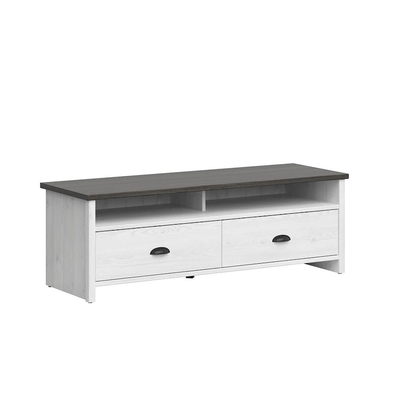 Modern 50" TV Stand, Whitewash Base & Dark Grey Top, 2 Drawers, Metal Glides