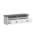 Modern 50" TV Stand, Whitewash Base & Dark Grey Top, 2 Drawers, Metal Glides