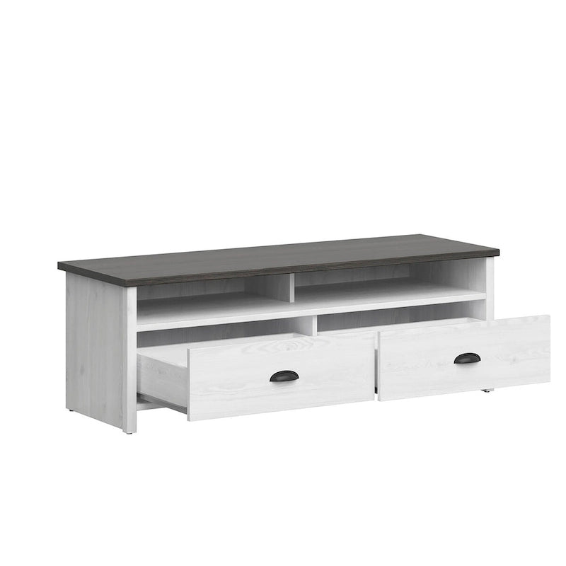 Modern 50" TV Stand, Whitewash Base & Dark Grey Top, 2 Drawers, Metal Glides